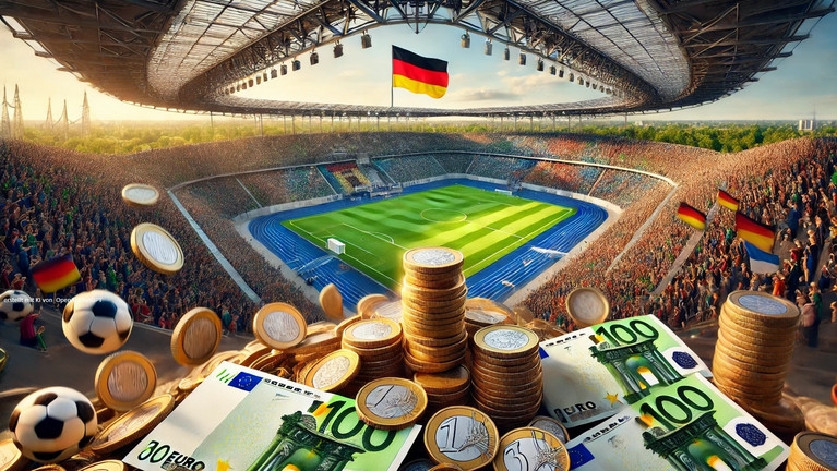 Volles Fußballstadion mit Euro-Banktnoten und -Münzen im Vordergrund