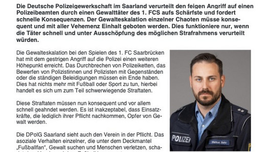 Polizeigewerkschaft fordert schnelle Konsequenzen nach dem Angriff auf die Polizei nach dem Fußballspiel des 1. FCS gegen Rotweiß Essen